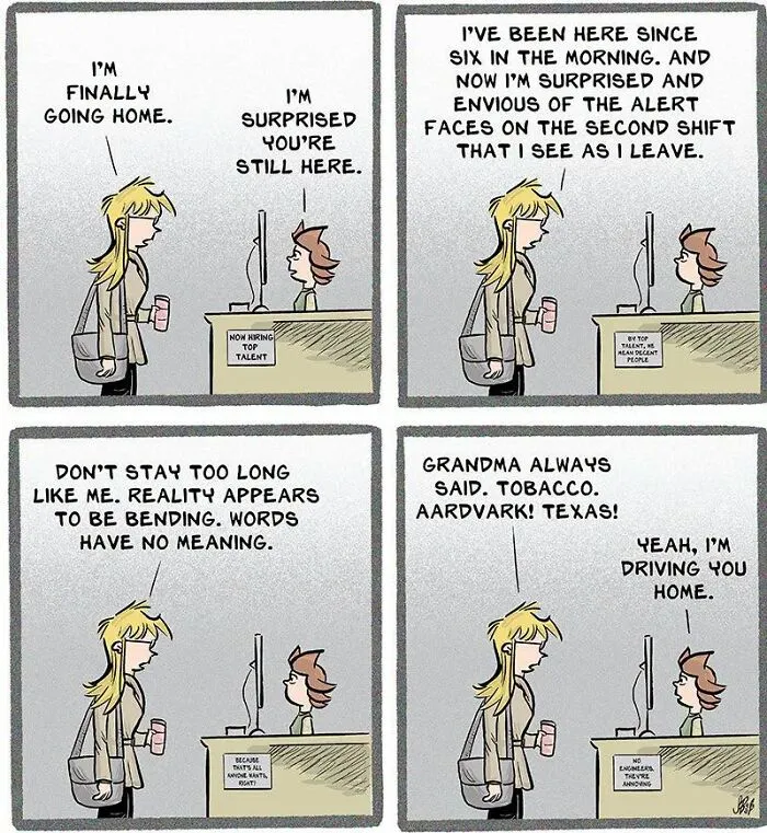 Humorous comic on everyday retail life showing exhausted employee ending shift at store desk
