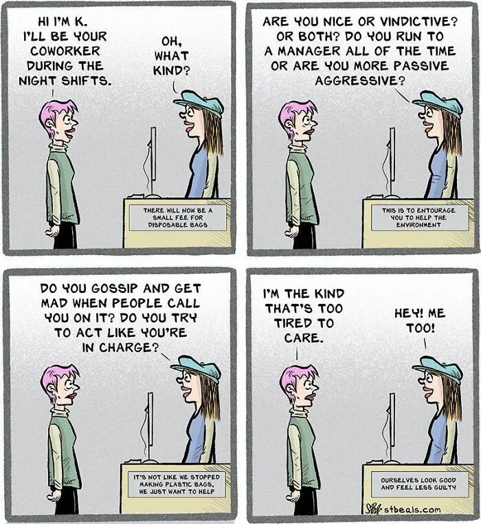 Comic of retail night shift coworkers discussing passive aggressive traits and management