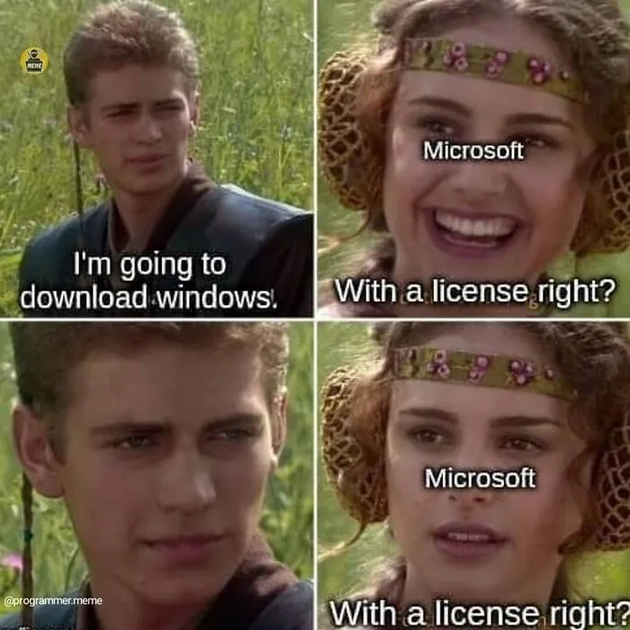 Funny meme about Microsoft Windows license and downloading Windows