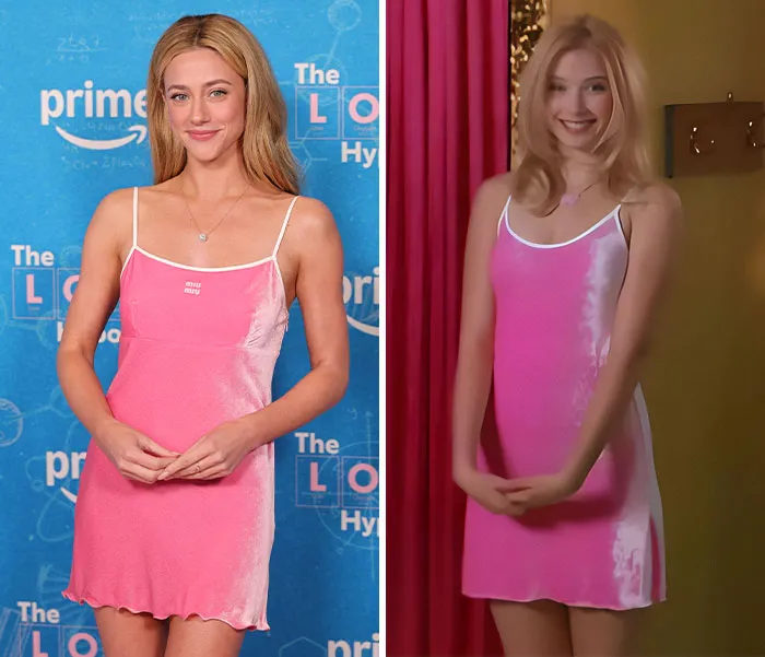 Lili Reinhart recreating iconic movie looks in a pink dress next to the original Romy and Michele film character