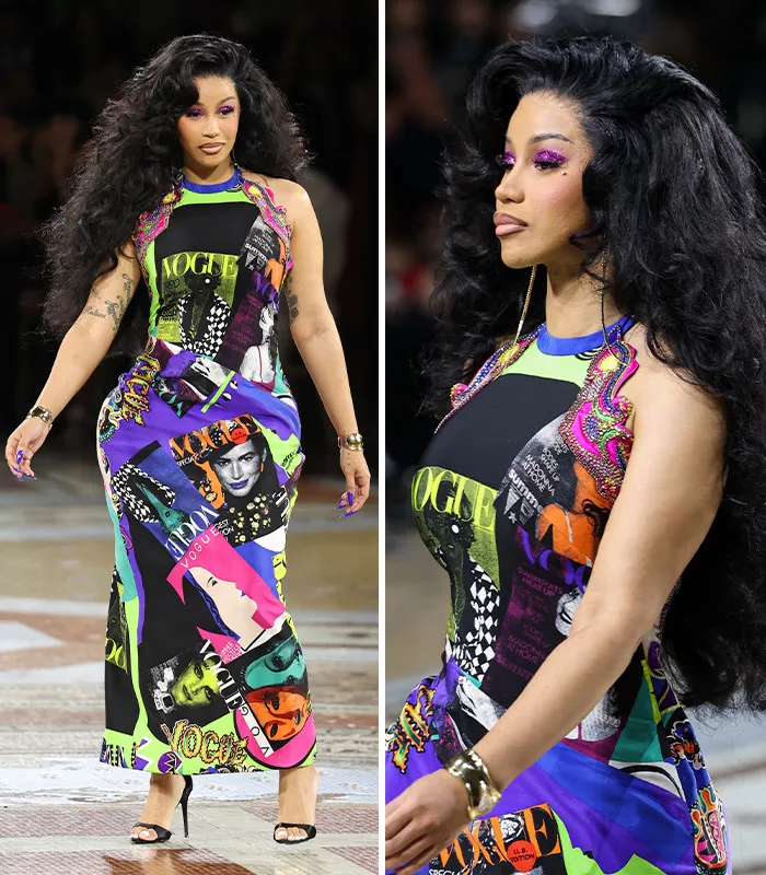 Celebrity walking runway in vibrant Vogue print dress at Plastic Surgery Expo