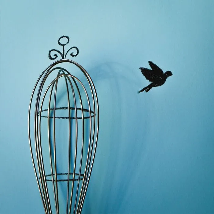 A kitchen whisk reimagined as a birdcage in playful illustrations by Romain Joly