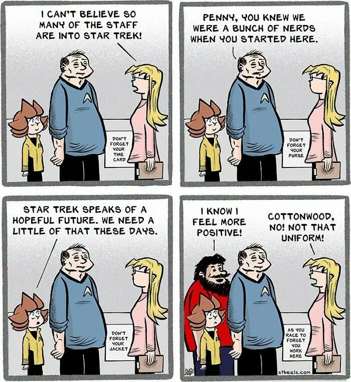 Comic about retail staff fans of Star Trek and humorous workplace uniform mishaps