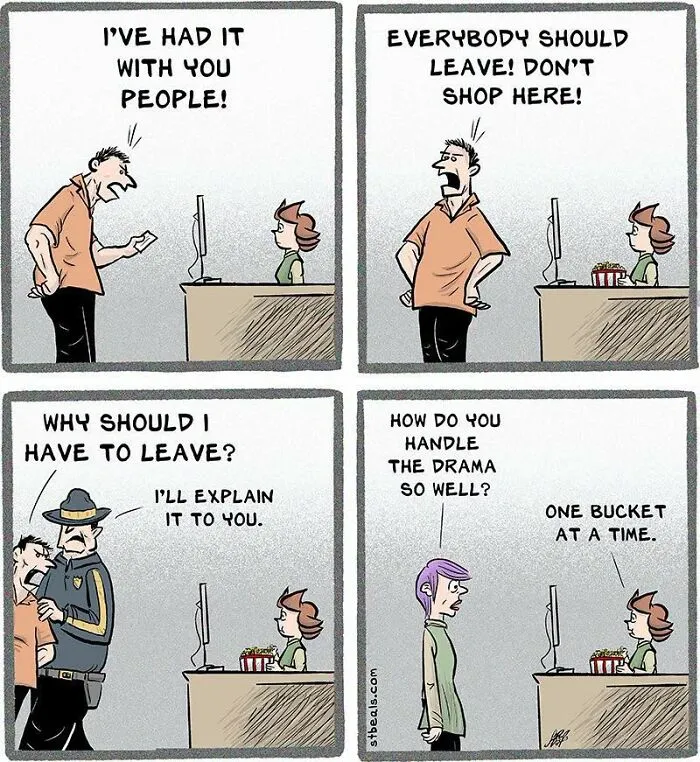 Retail comic about a customer causing drama and being escorted out by security