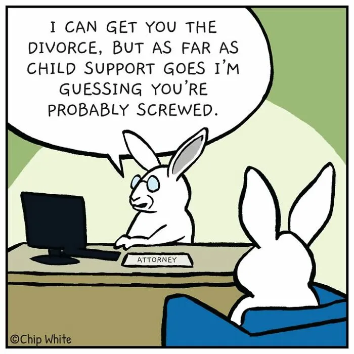 A rabbit lawyer telling another rabbit about child support, from the blob life comics collection.