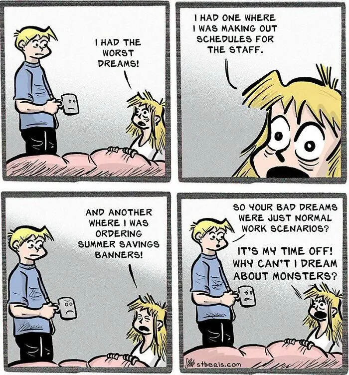 Retail comic showing worker's bad dreams about work tasks in retail life