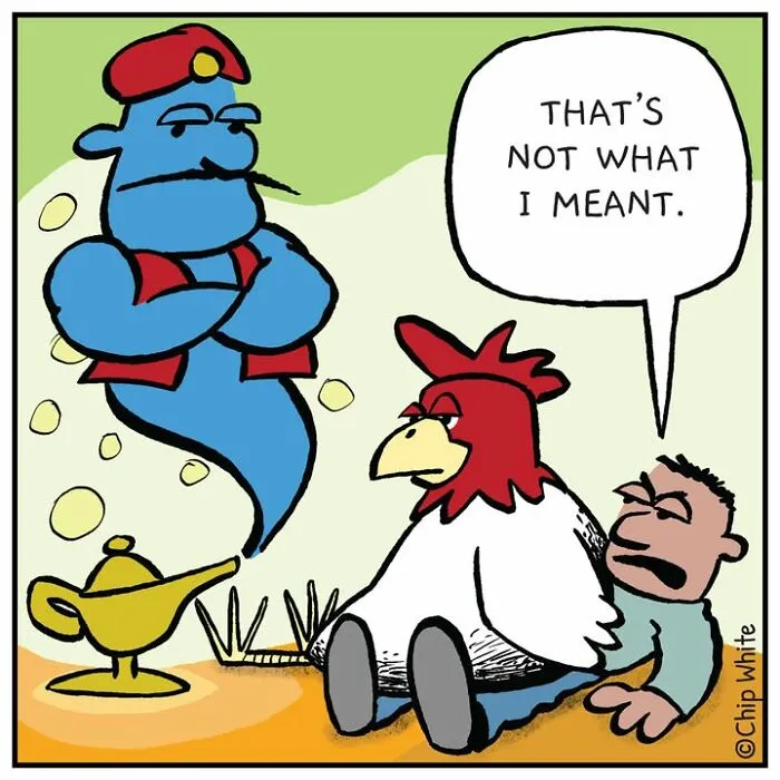A genie beside a man who got turned into a giant chicken, funny blob life comics illustration.