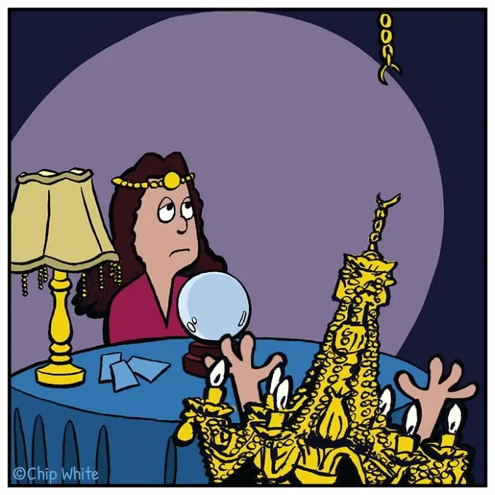 Fortune teller with crystal ball surprised by a fallen chandelier, a witty blob life comic style.