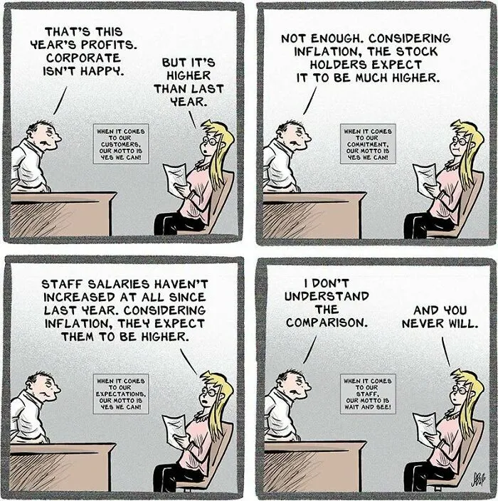 Comic on retail profits and staff salaries highlighting inflation impact in humorous retail life by Stephen Beals