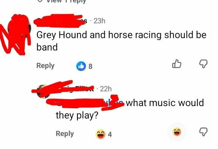 An online comment with grammar fails of band instead of banned and a funny reply