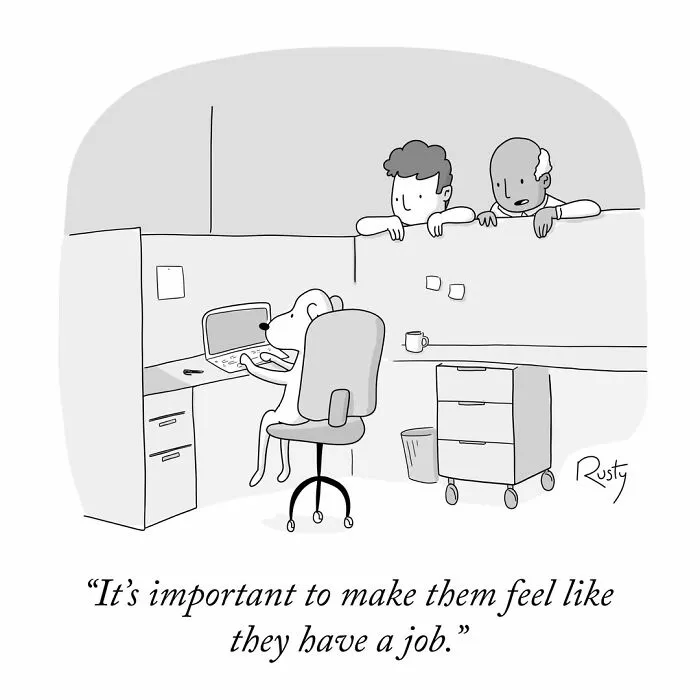 One-panel comic about modern struggles showing a dog at an office desk working on a laptop while coworkers watch