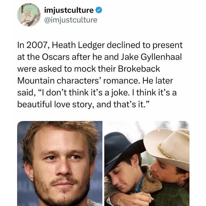 Tweet about Heath Ledger and Brokeback Mountain, fitting funny millennial memes