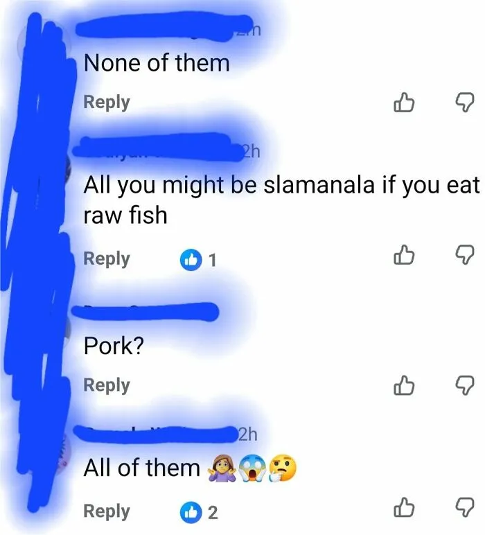 An online comment with a grammar fail spelling salmonella as slamanala when talking about eating raw fish