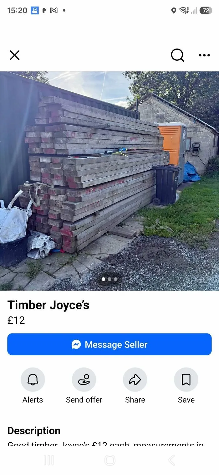 A social media ad selling wooden planks labeled as Timber Joyce's showing a funny grammar fail
