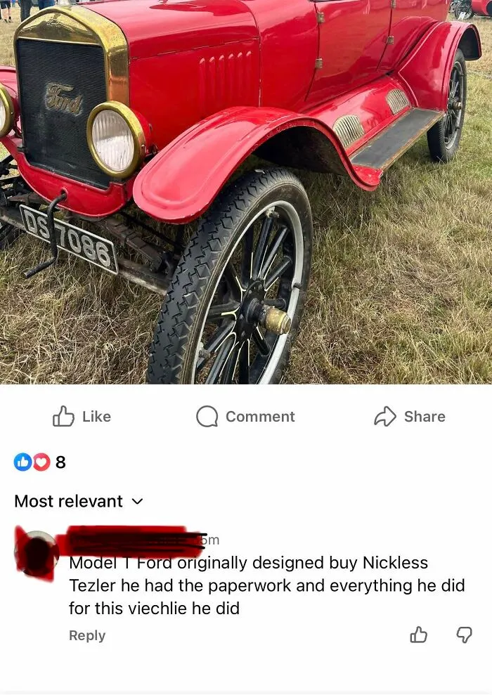 Red vintage Model T Ford featuring a comment filled with hilarious grammar fails