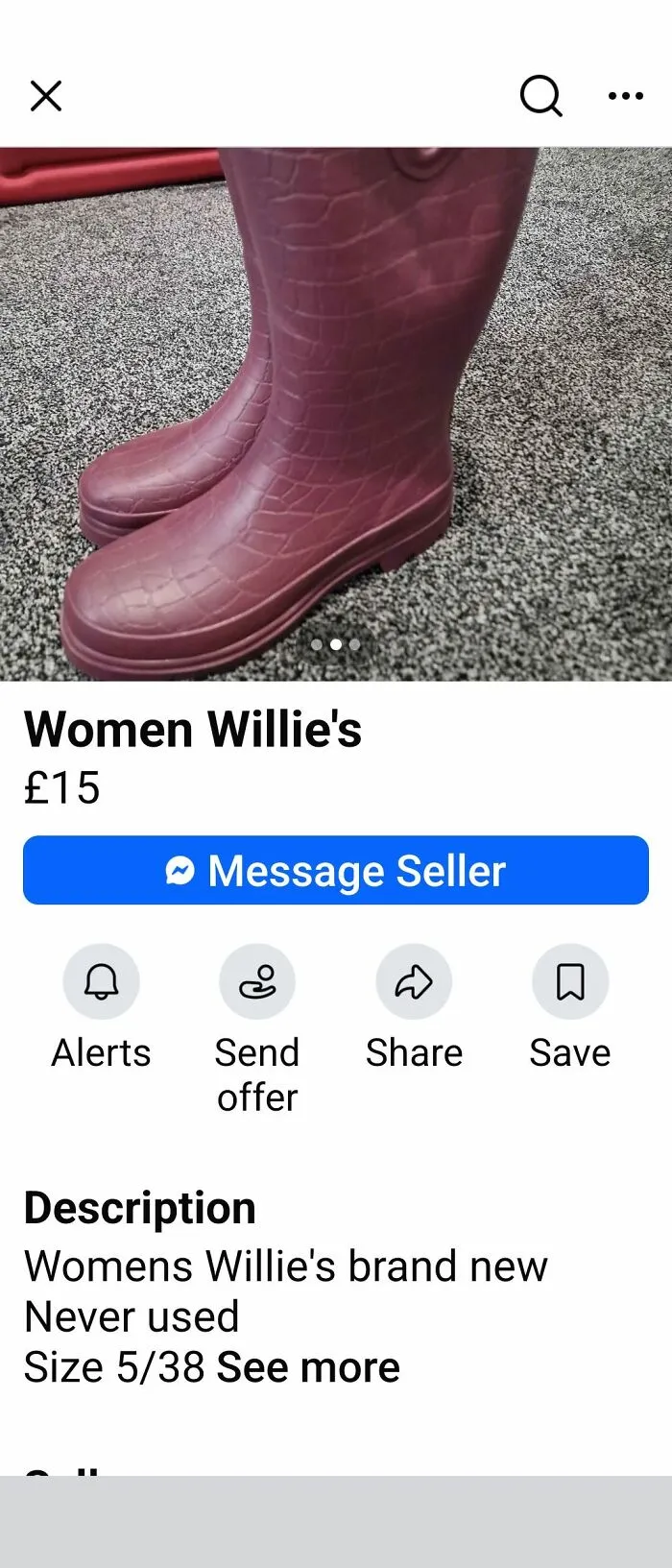 Online marketplace listing showing women's wellington boots with grammar fails