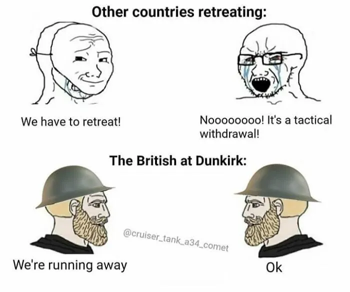 British history meme about Dunkirk retreat with soldier cartoons