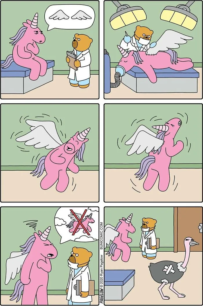 A humorous Buni Comics illustration of a pink unicorn getting bird wings surgically attached