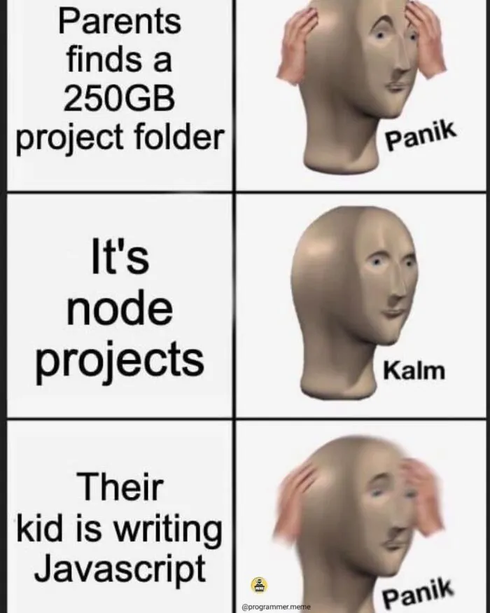 Programmers meme showing panic about large node projects folder