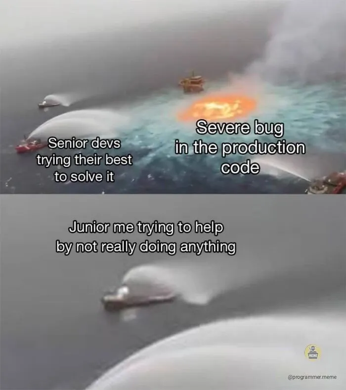 Programmers meme of senior devs tackling a bug while junior does little
