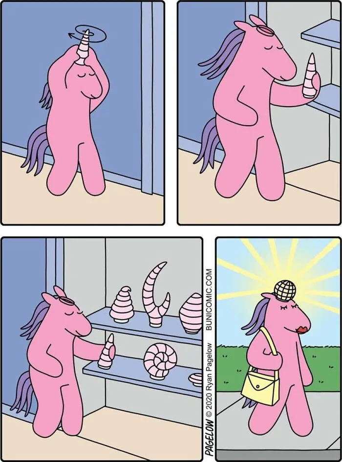 A funny Buni Comics panel with a pink unicorn replacing its horn with a sparkly disco ball