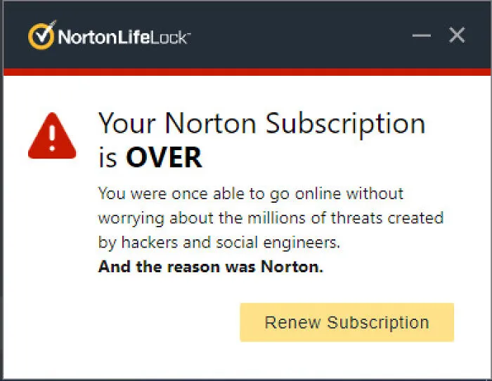 Norton subscription pop-up with confusing wording, a clear example of terrible product design.