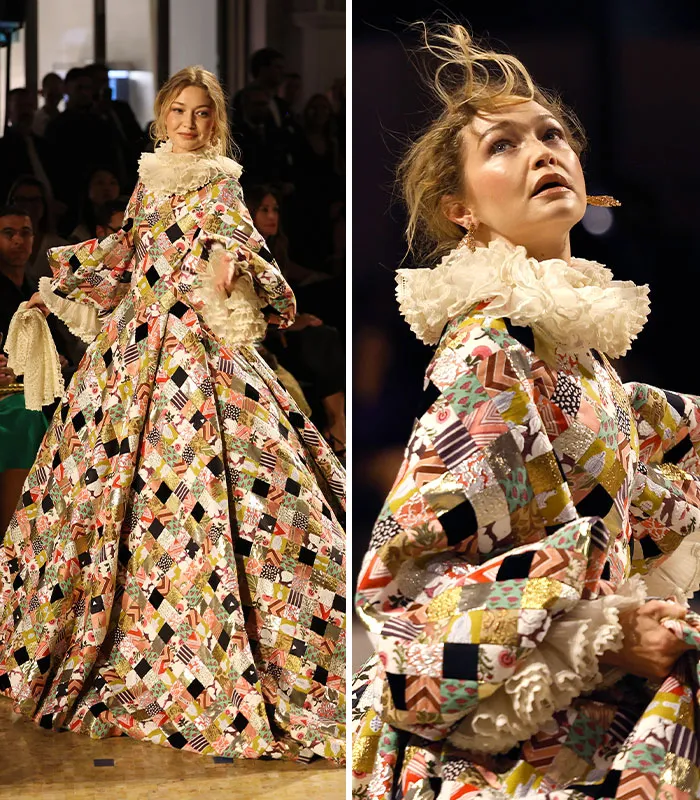 Model twirling in patchwork patterned gown with ruffled collar at Plastic Surgery Expo