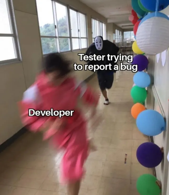 Funny programmers meme of developer running from tester reporting bug