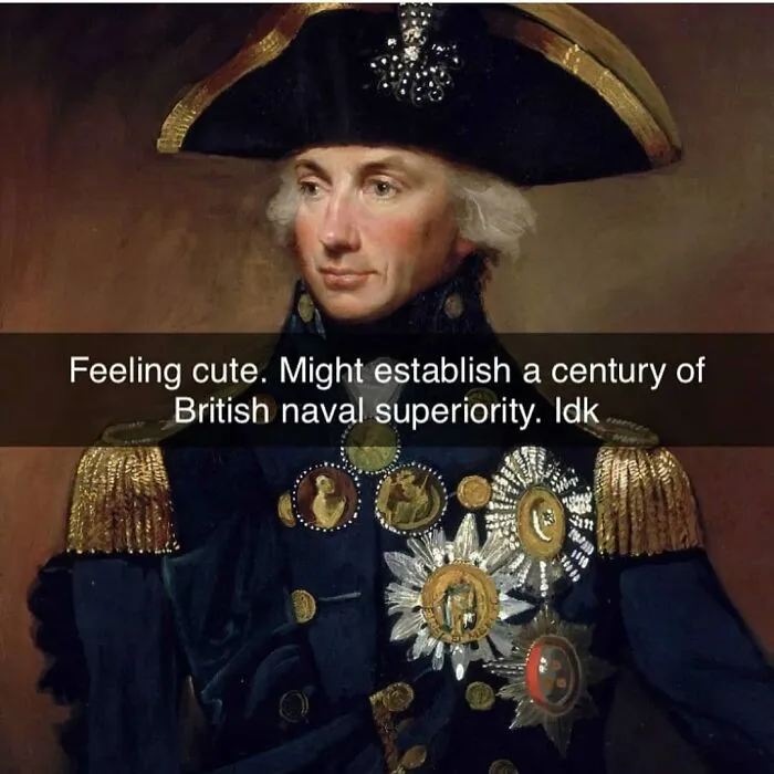 Historical meme about British naval superiority with admiral portrait and British history text