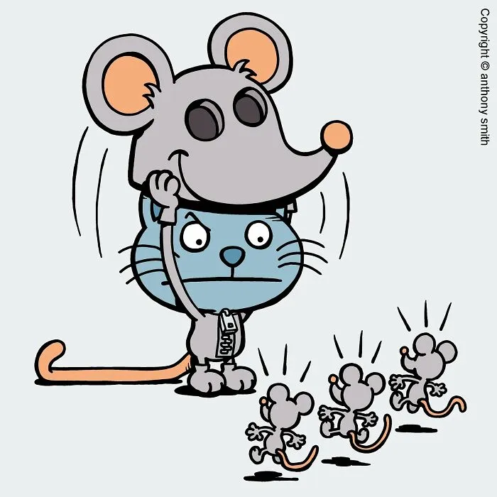 A cat disguised as a mouse, showcasing its cattitude, scares smaller mice away.