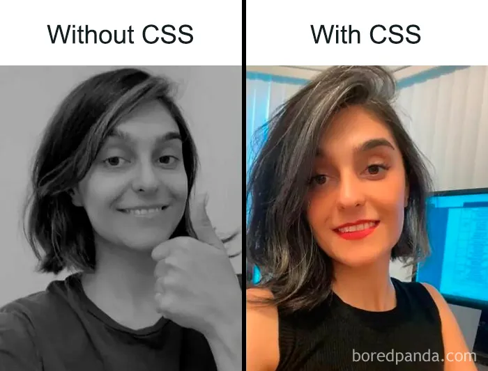 Comparison photo of a woman without CSS and the same woman with CSS applied