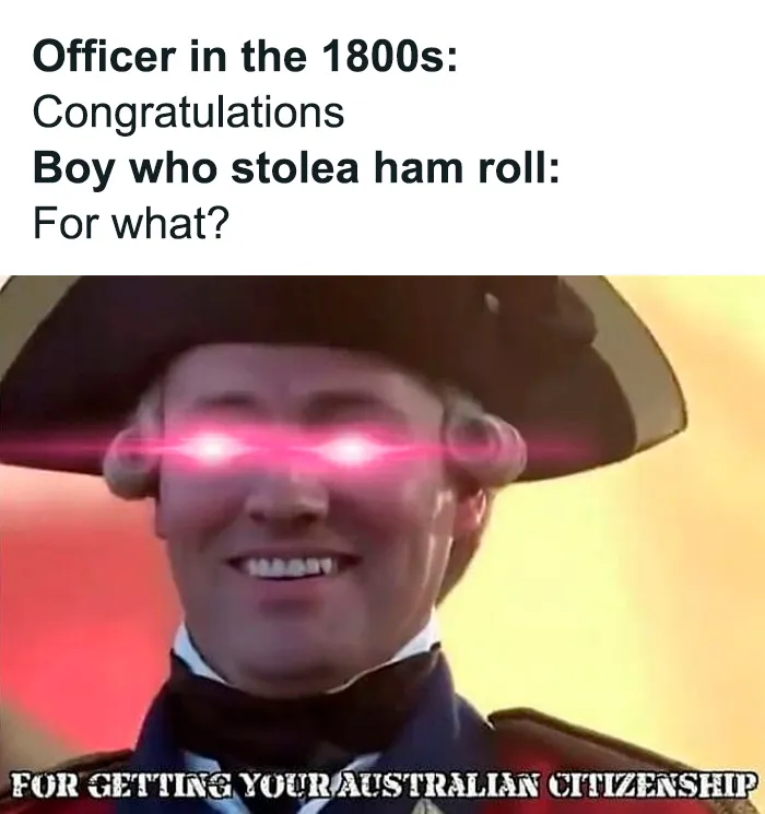 British history meme featuring 1800s officer congratulating boy for Australian citizenship