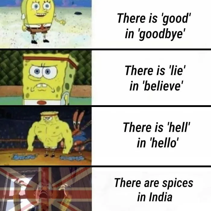 British meme highlighting 'good' in goodbye and spices in India with SpongeBob characters