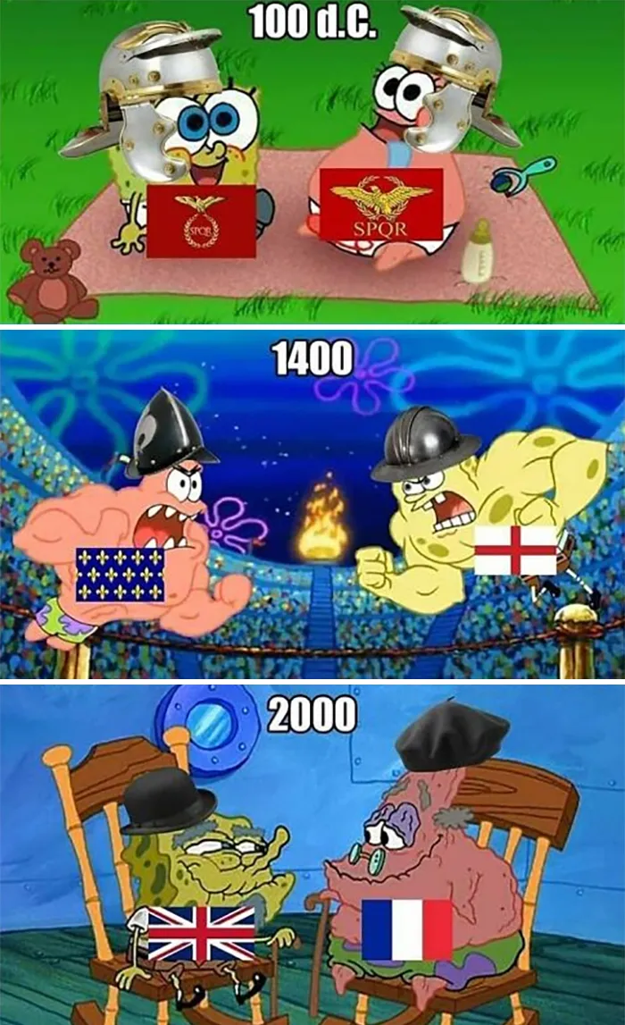SpongeBob British history meme showing Roman Empire, medieval, and modern Britain conflicts