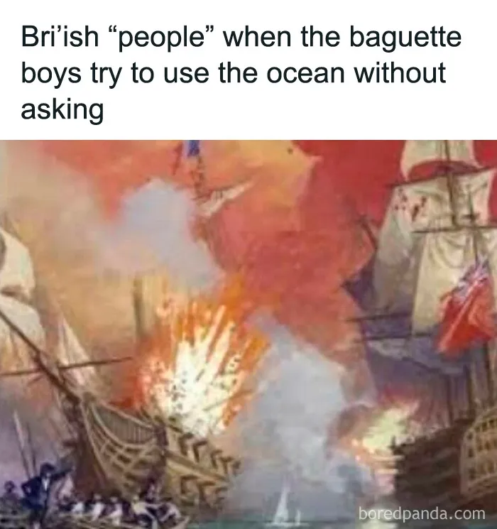 British people meme with historic naval battle and explosion