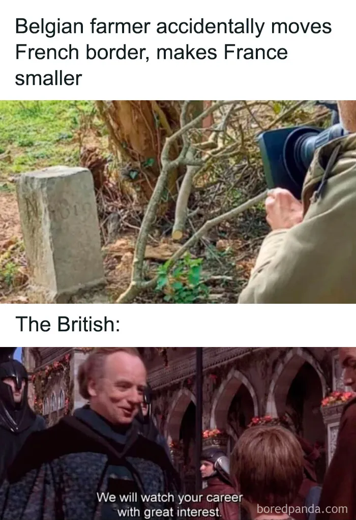British history meme about Belgian farmer moving French border with British reaction