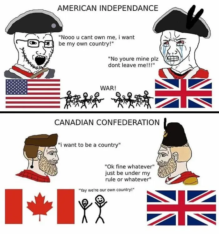 British history meme comparing American independence and Canadian confederation with British empire flags