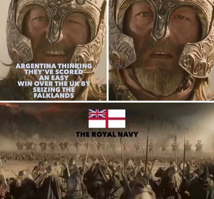 Falklands War meme with UK Royal Navy and medieval warriors