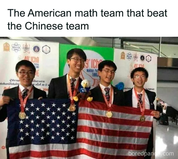 American math team holding USA flag after beating Chinese team in competition