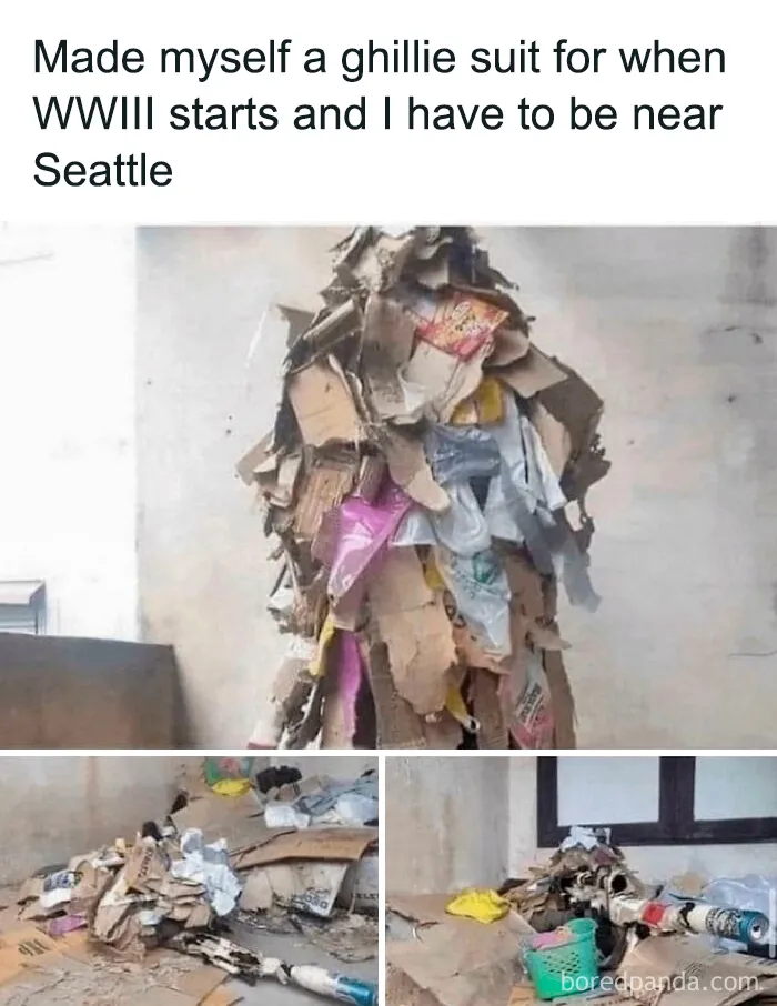 Homemade ghillie suit made of cardboard and trash for WWIII near Seattle