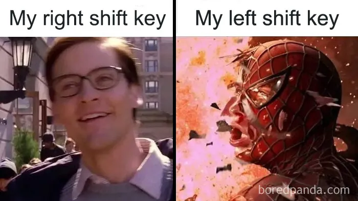 Programmers relatable meme showing right and left shift key frustration