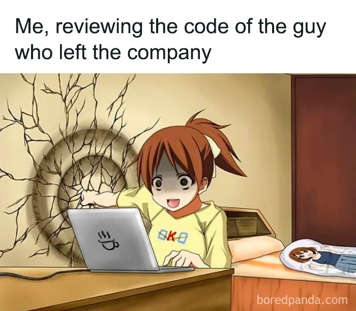 Anime style character stressed reviewing code of previous employee programming meme