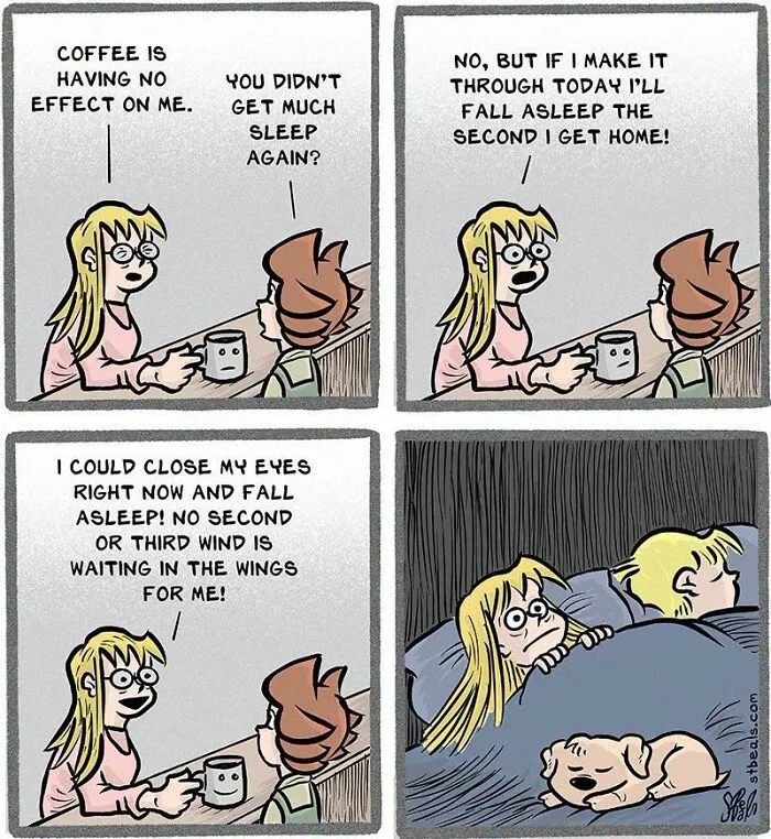 Humorous comic about coffee's effect and sleep in everyday retail life by Stephen Beals