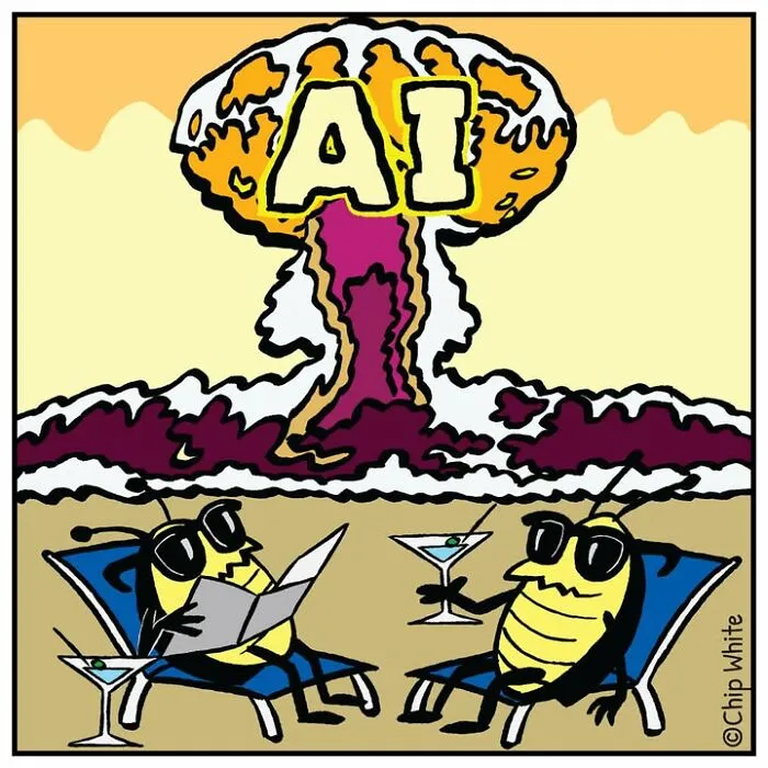 A clever blob life comics strip featuring cockroaches relaxing on a beach during an AI explosion