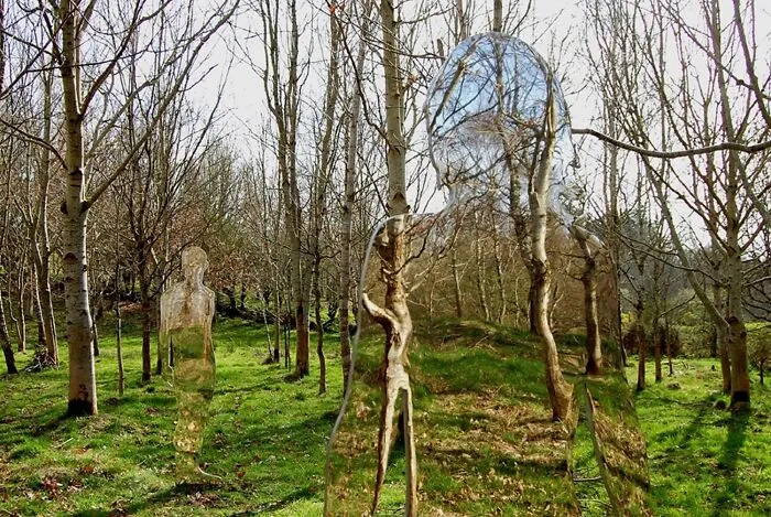 Reflective sculptures blending into forest landscape with bare trees and green grass