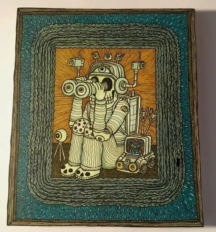 Robot with binoculars and gadgets in framed artwork by Theo Ellsworth
