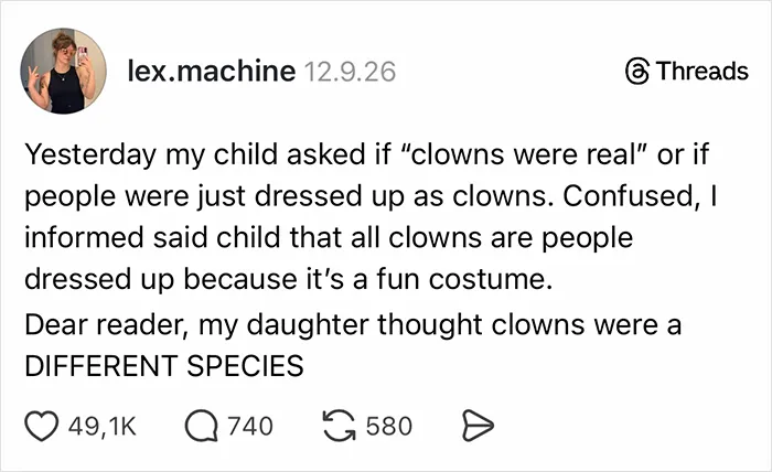 A Threads post where parents vented about a child thinking clowns were a different species