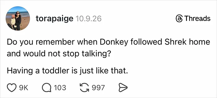 A Threads post where parents vented on social media comparing a talkative toddler to Donkey from Shrek.