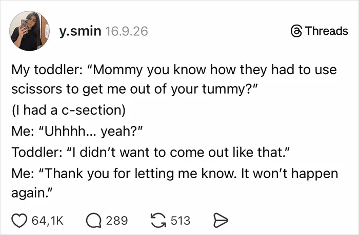Threads post by y.smin showing how parents vented on social media about a toddler's c-section remark