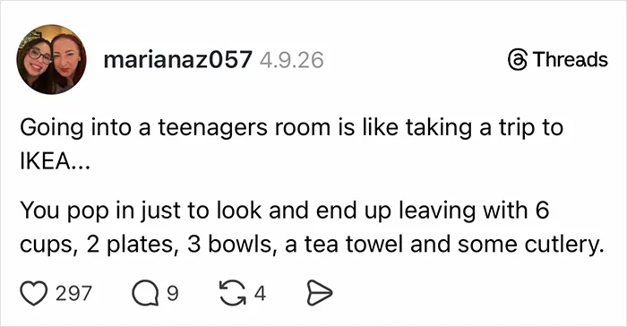A Threads post where parents vented on social media comparing a teenagers room to IKEA.
